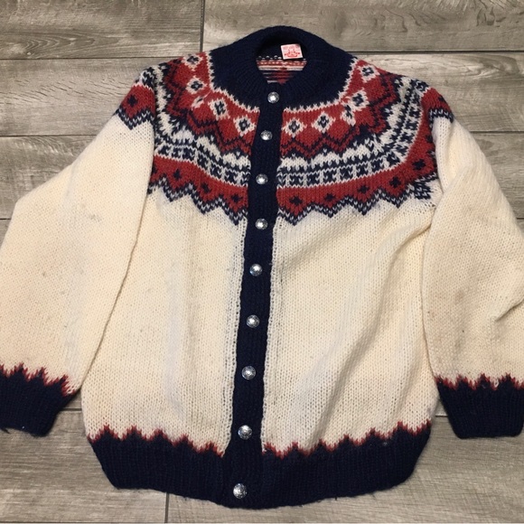 Vtg Icelandic Hand Knit Wool Abstract Pattern Sweater Metal Button Cardigan LG - Picture 1 of 10